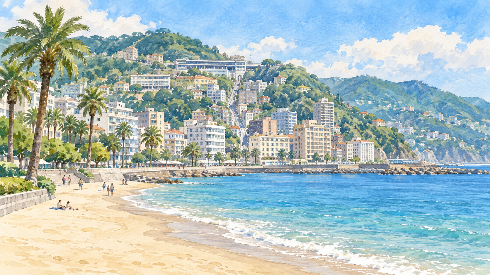 海辺の砂浜と背後の坂のある熱海市街を描いた水彩イラスト