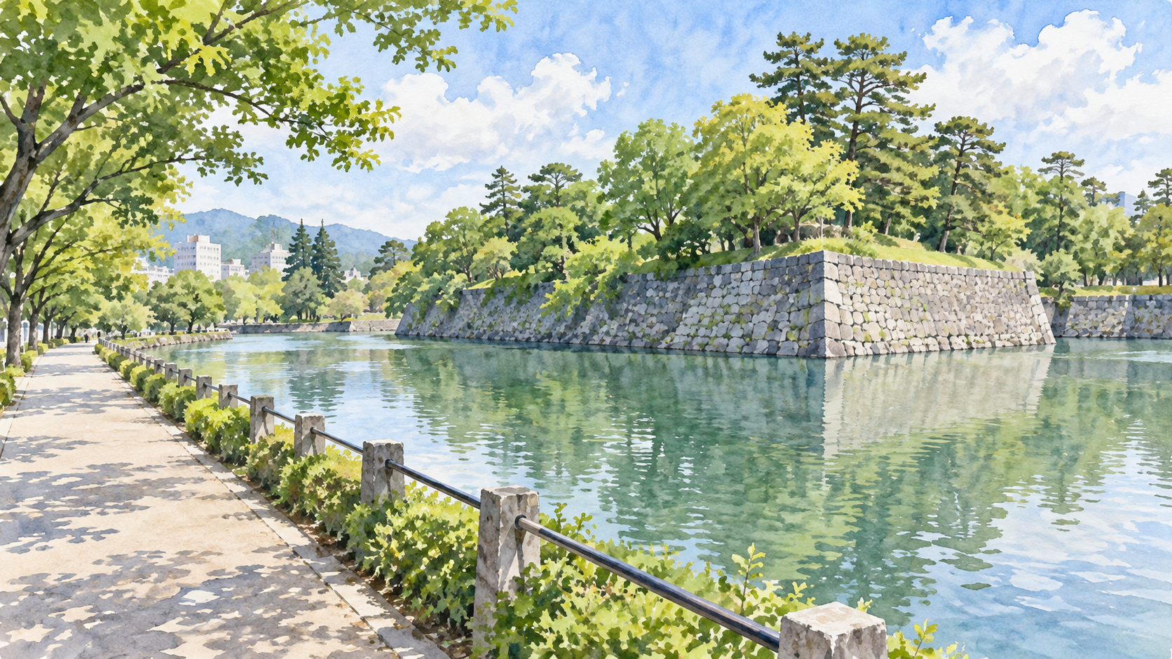 駿府城公園のお濠と石垣の横を歩く街歩きの水彩イラスト