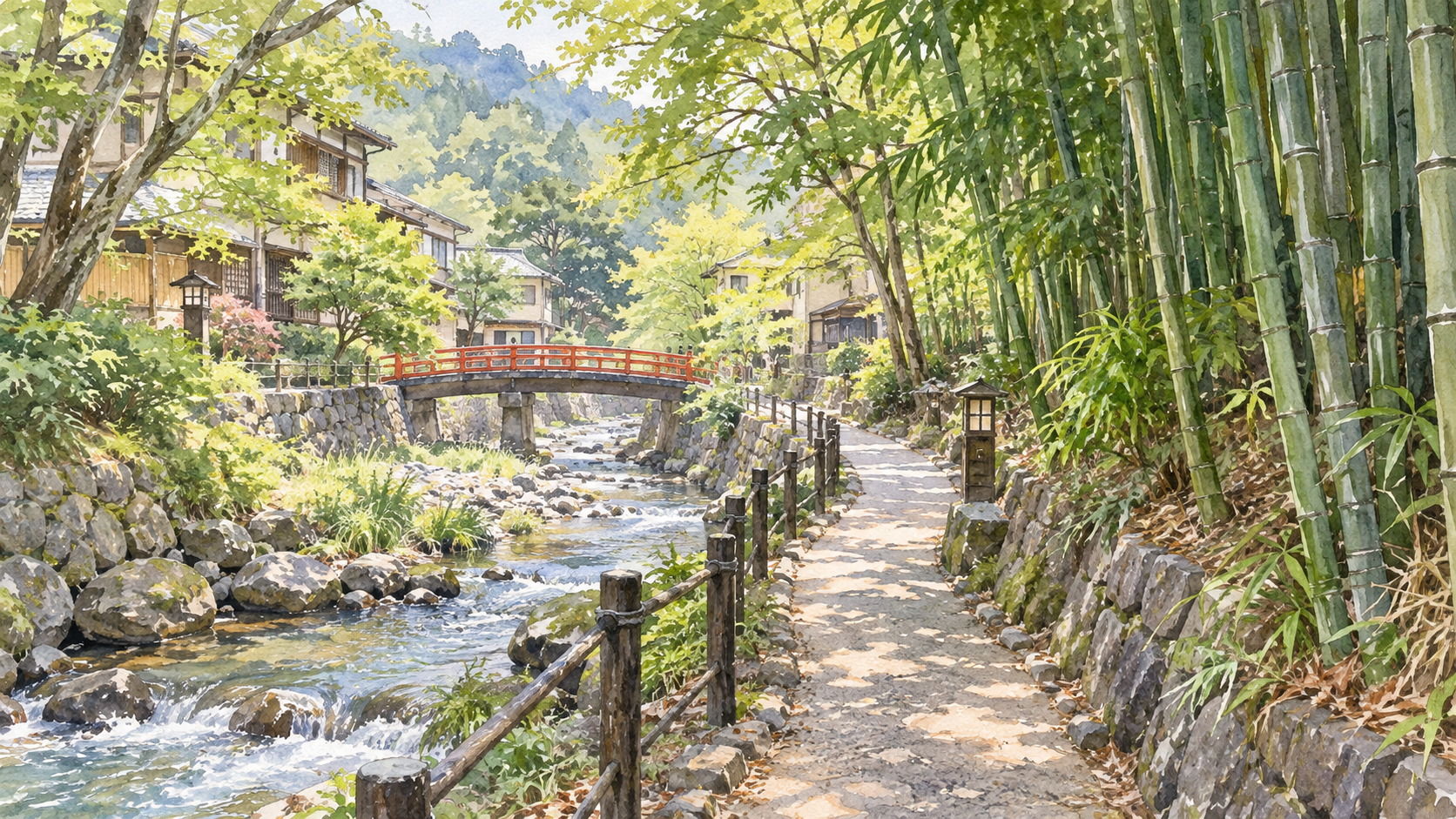 桂川沿いの竹林の小径と朱色の橋を歩く修善寺の水彩イラスト