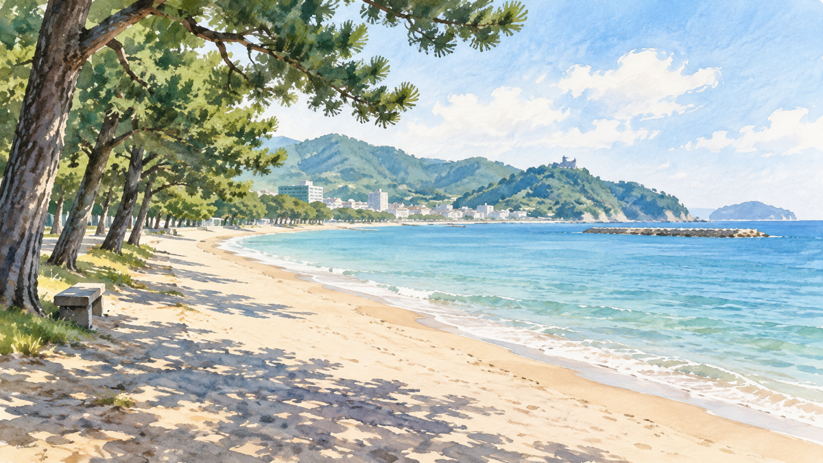 洲本の大浜公園を思わせる松林と穏やかな砂浜の水彩イラスト
