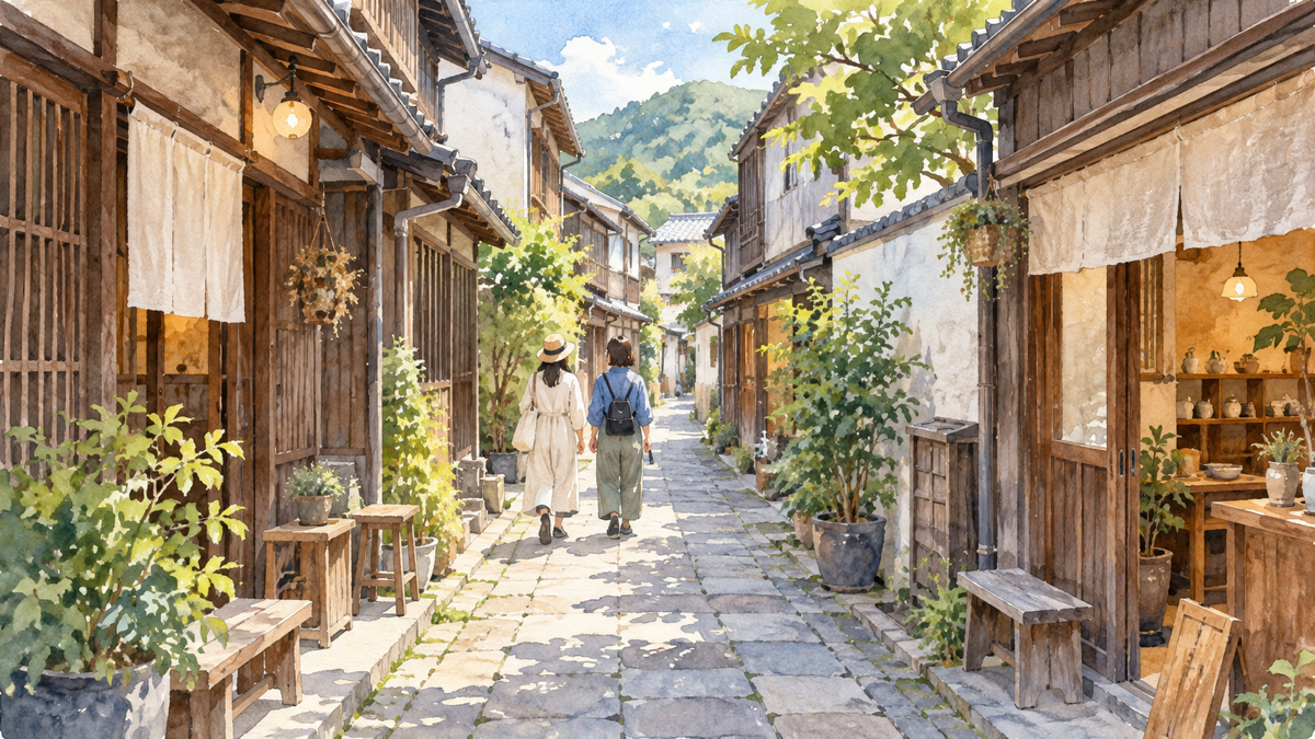 洲本レトロこみちを思わせる細い小路と町家の水彩イラスト
