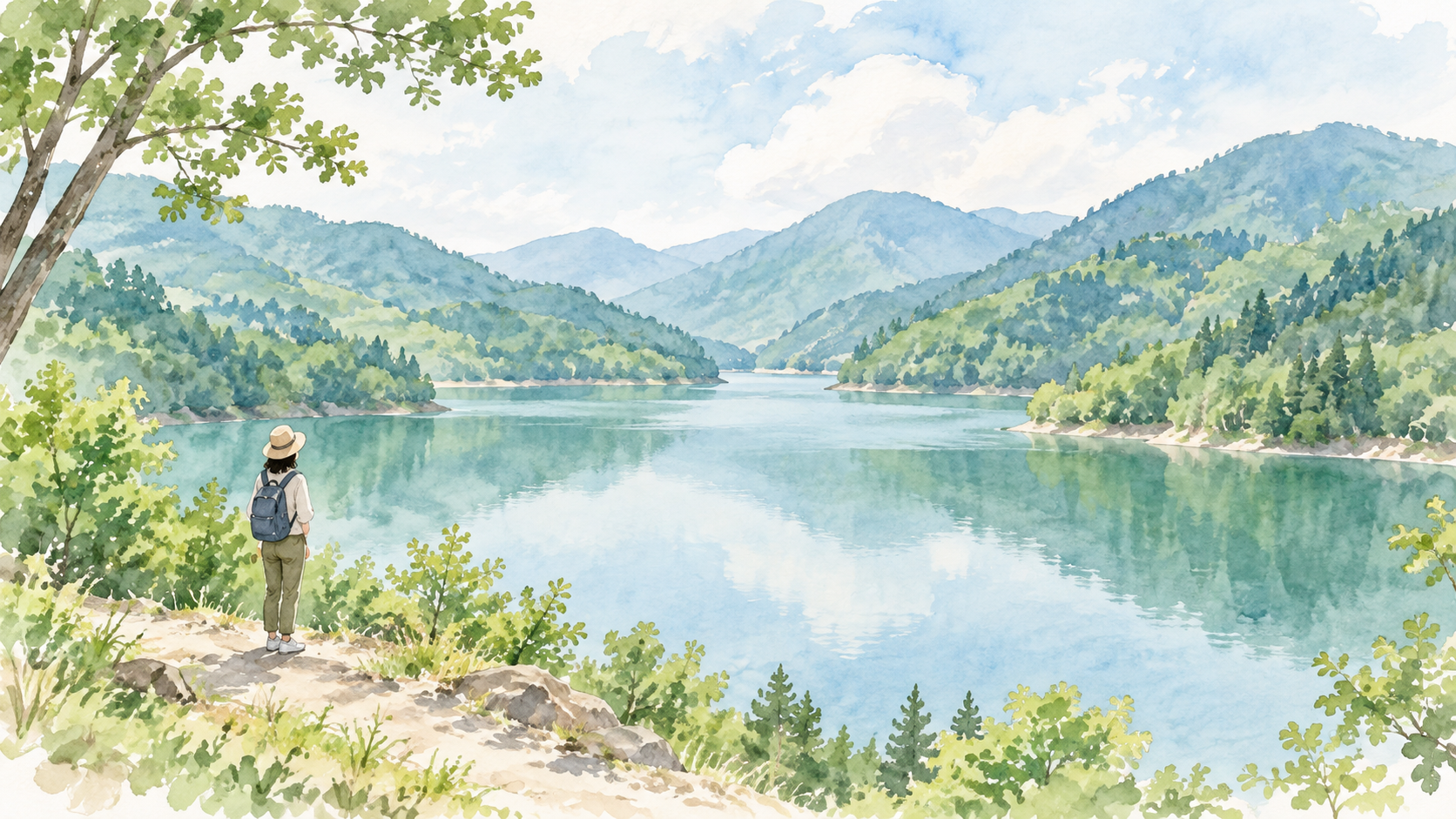 山あいのダム湖を散策する別の日帰り行程をイメージした手描きイラスト