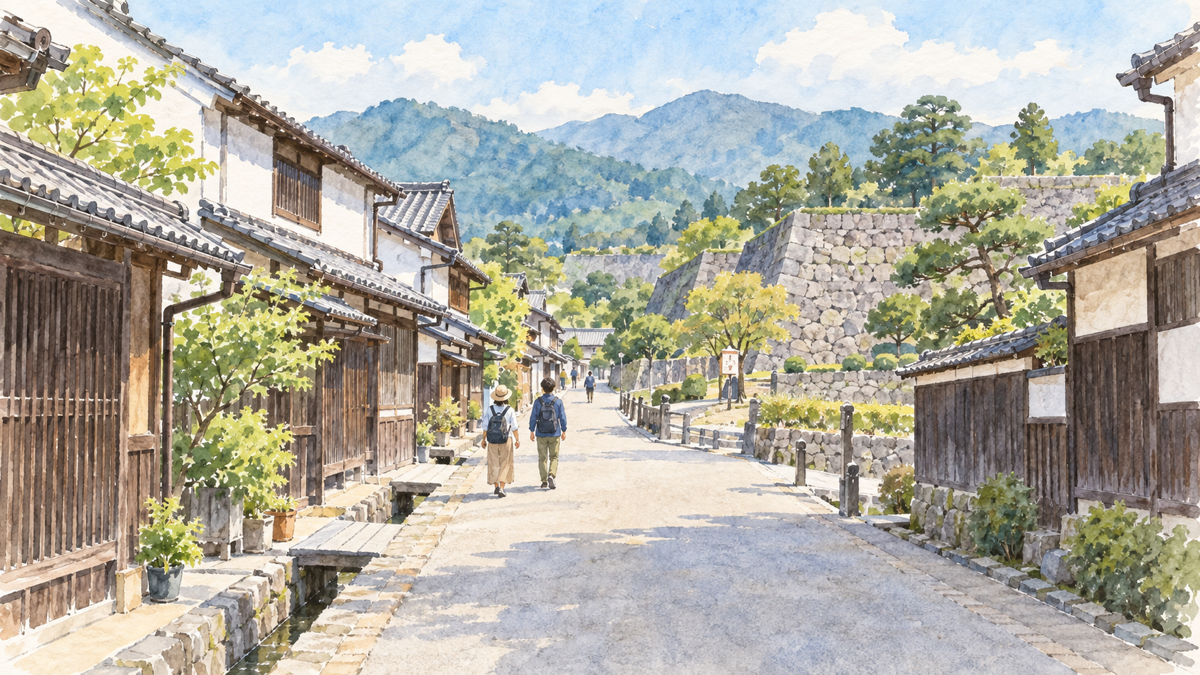 低い町家が並ぶ丹波篠山の城下町を描いた水彩イラスト
