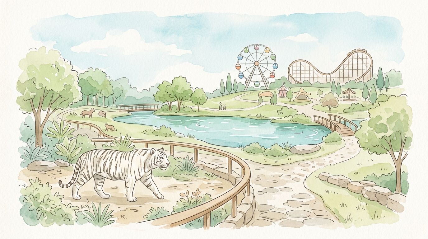 ホワイトタイガーと緑、観覧車が見える動物園と遊園地の水彩イラスト
