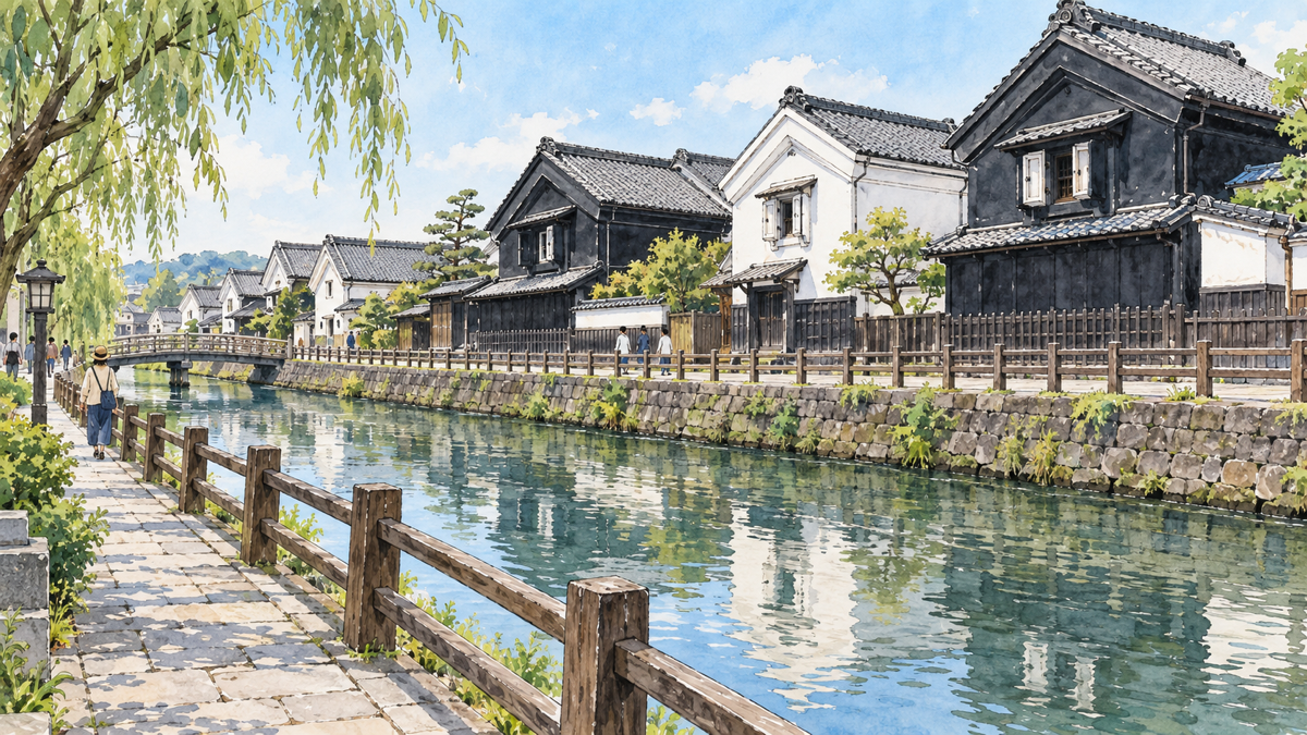 巴波川沿いの黒い見世蔵と白壁の土蔵を描いた栃木市の街歩きイラスト