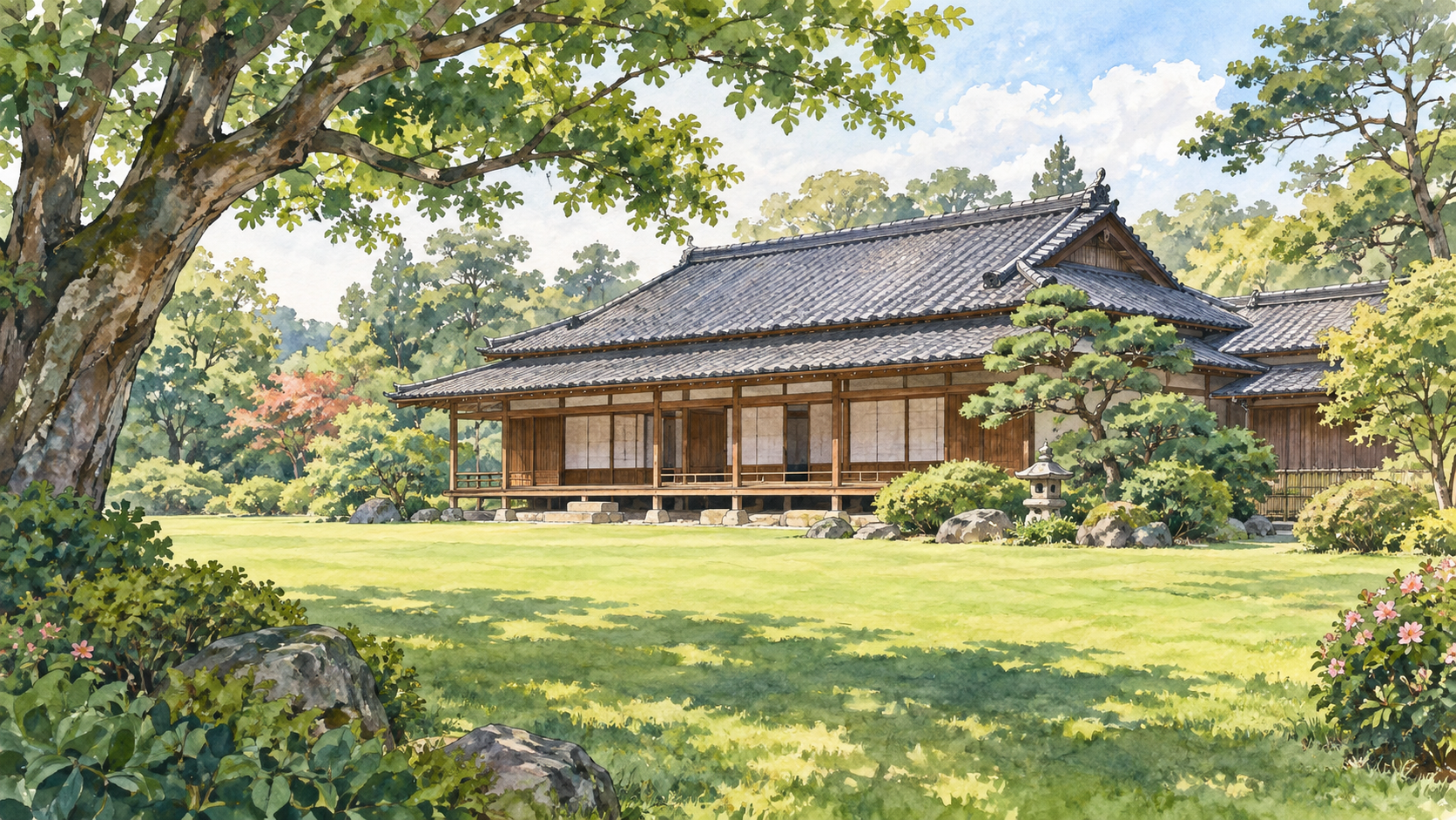 木造の歴史的邸宅を囲む芝生と樹木の景観