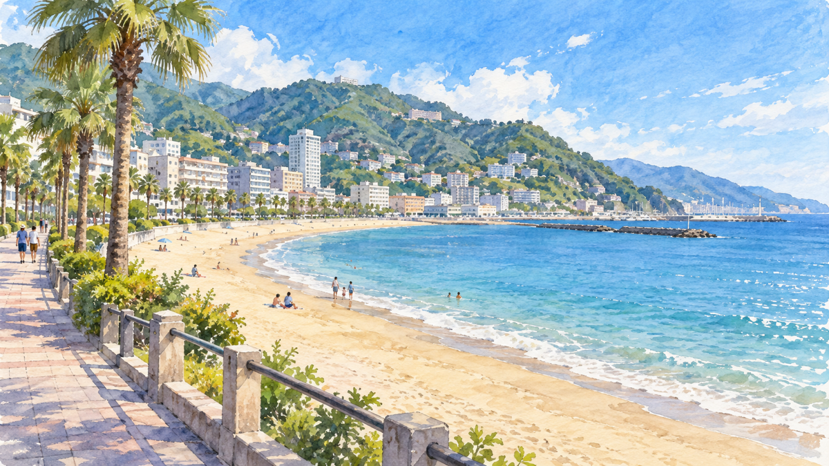 熱海サンビーチの砂浜とヤシ並木の海辺の遊歩道を描いたイラスト