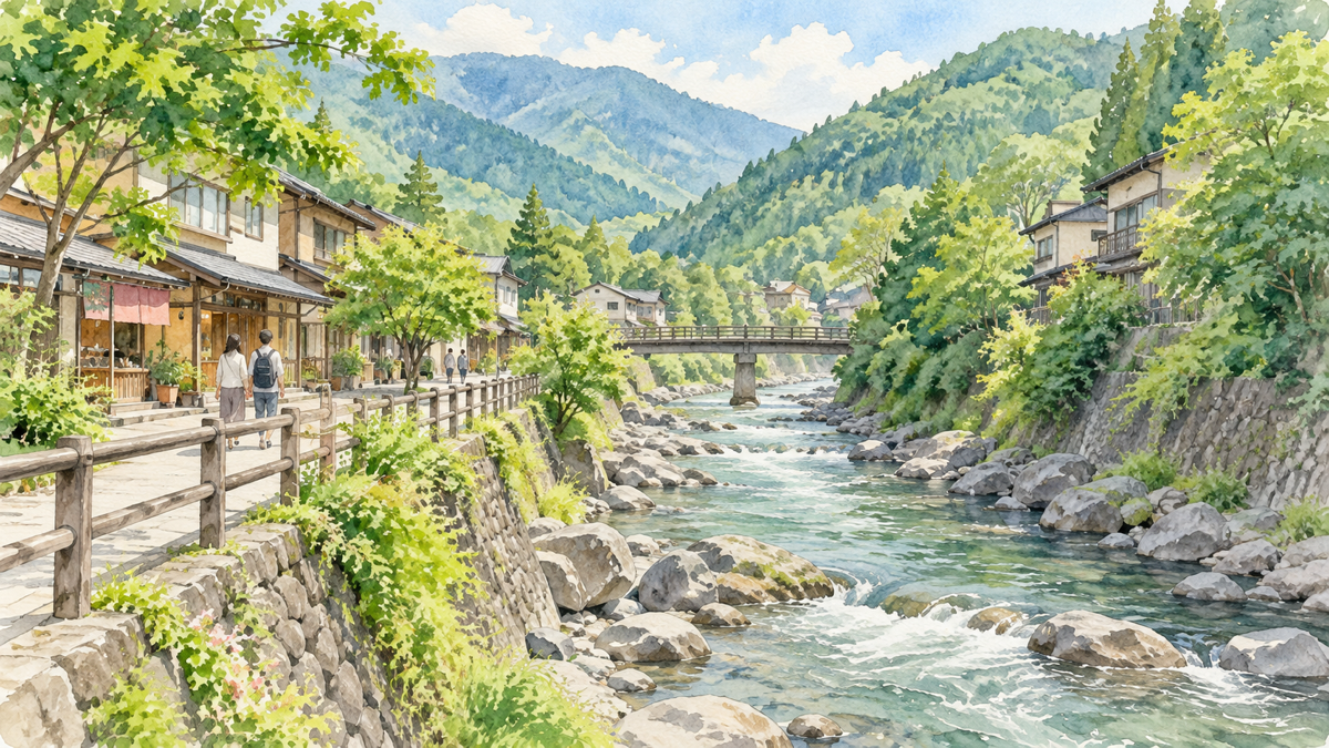 箱根湯本の山あいの温泉街と早川沿いの散策路を描いたイラスト