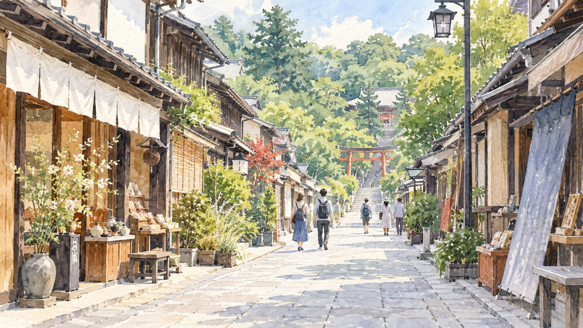 鎌倉の小町通りから木立のある寺社へ歩く様子のイラスト