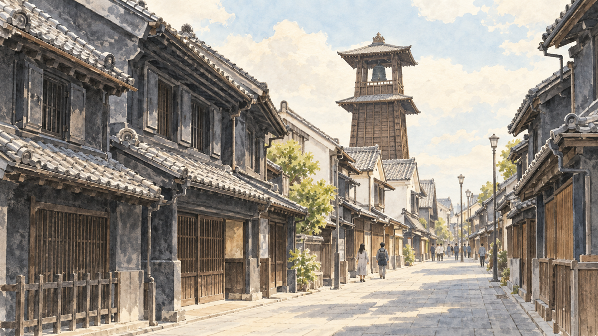 川越一番街の蔵造りの町並みと時の鐘を描いたイラスト