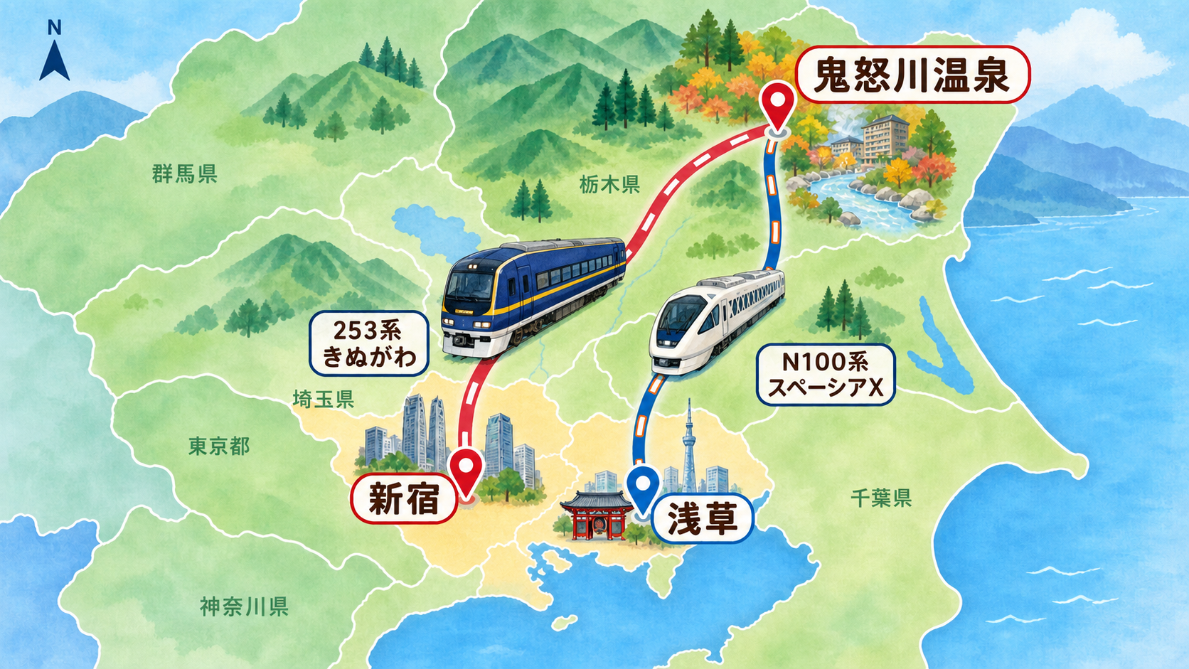 浅草発と新宿発から鬼怒川温泉駅へ向かう特急ルートの概念図