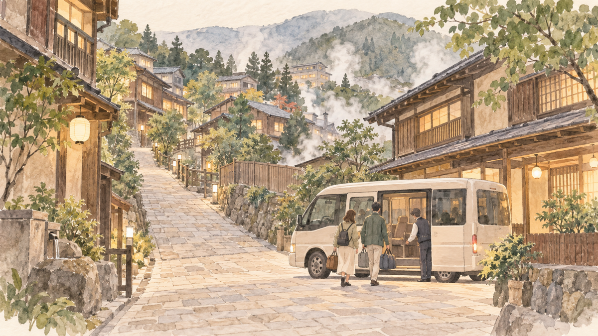 坂のある温泉街で宿の送迎車を利用するカップルの手描きイラスト