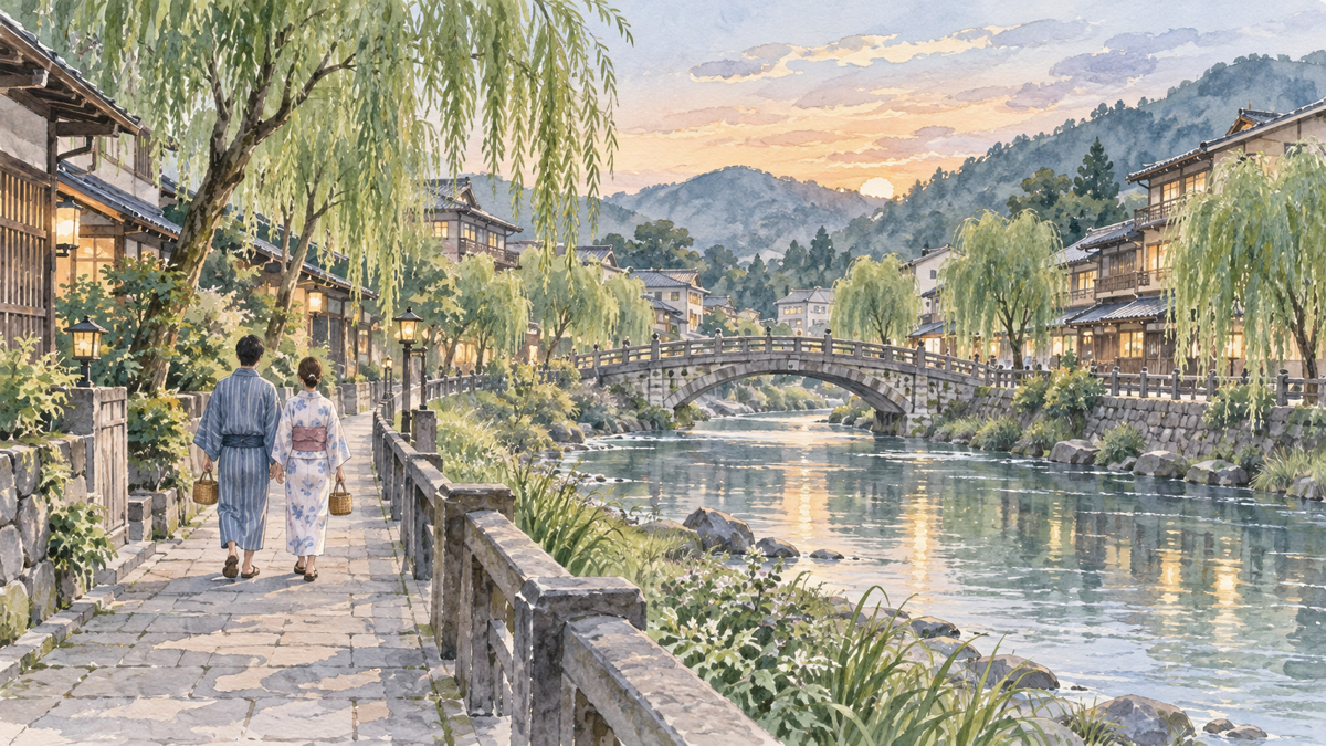 柳のある川沿いの温泉街を浴衣で歩くカップルの手描きイラスト