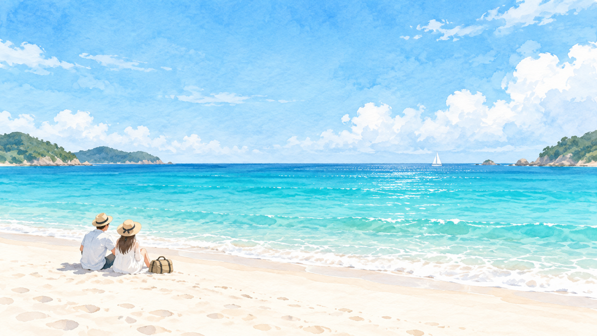 白い砂浜と青緑の海を眺めるカップルの手描きイラスト