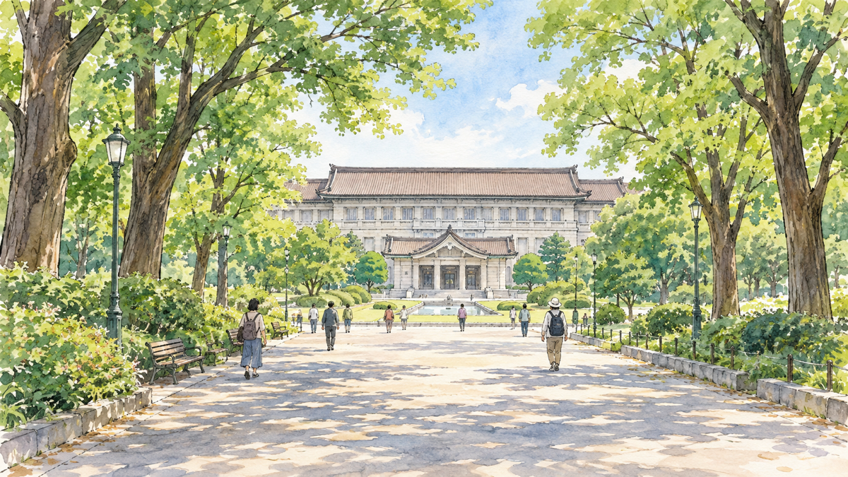 上野恩賜公園の木立と東京国立博物館本館へ続く道のイラスト