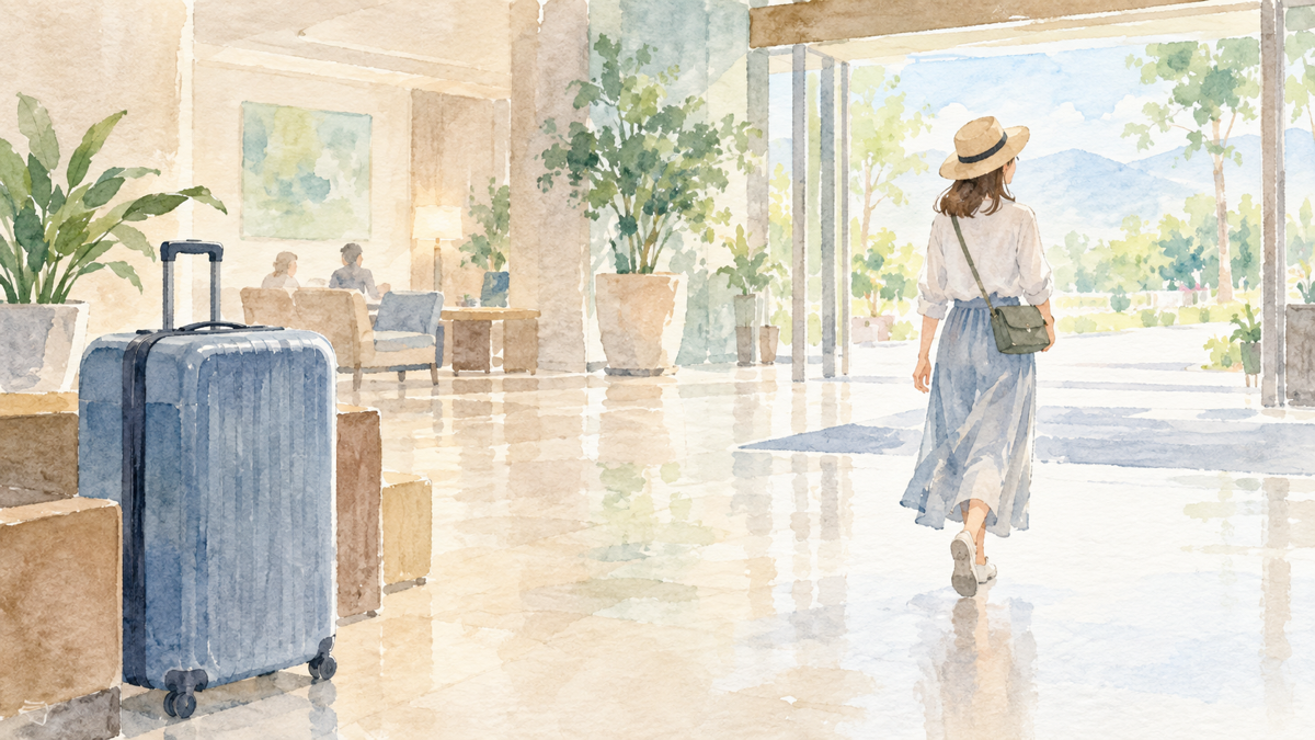 大きなスーツケースを宿に預けて小さなバッグで出かける旅行者の水彩イラスト