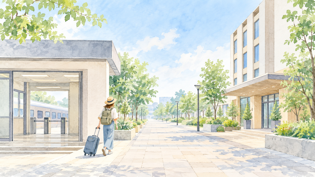 駅を出て荷物を持ちながら宿泊エリアへ歩く旅行者の水彩イラスト