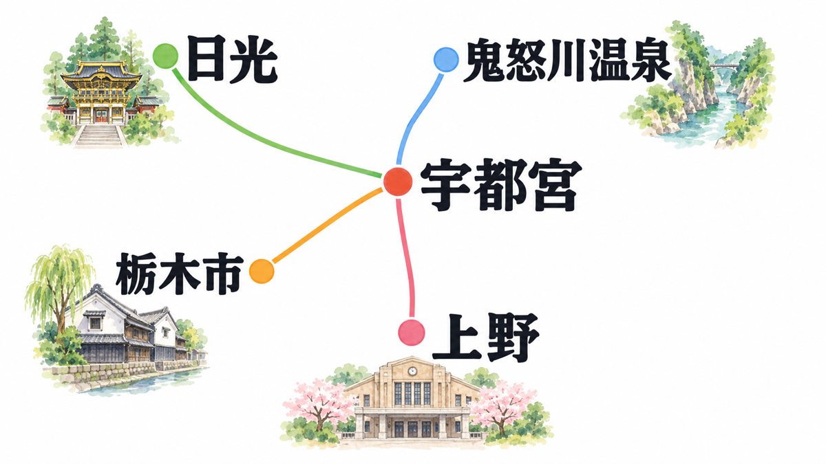 宇都宮を起点に日光、鬼怒川温泉、栃木市、上野の方角を示す簡略地図