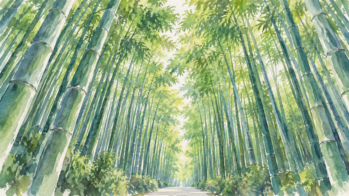 高く伸びる青竹と頭上の葉に囲まれ、奥へ続く竹林の小径のイラスト