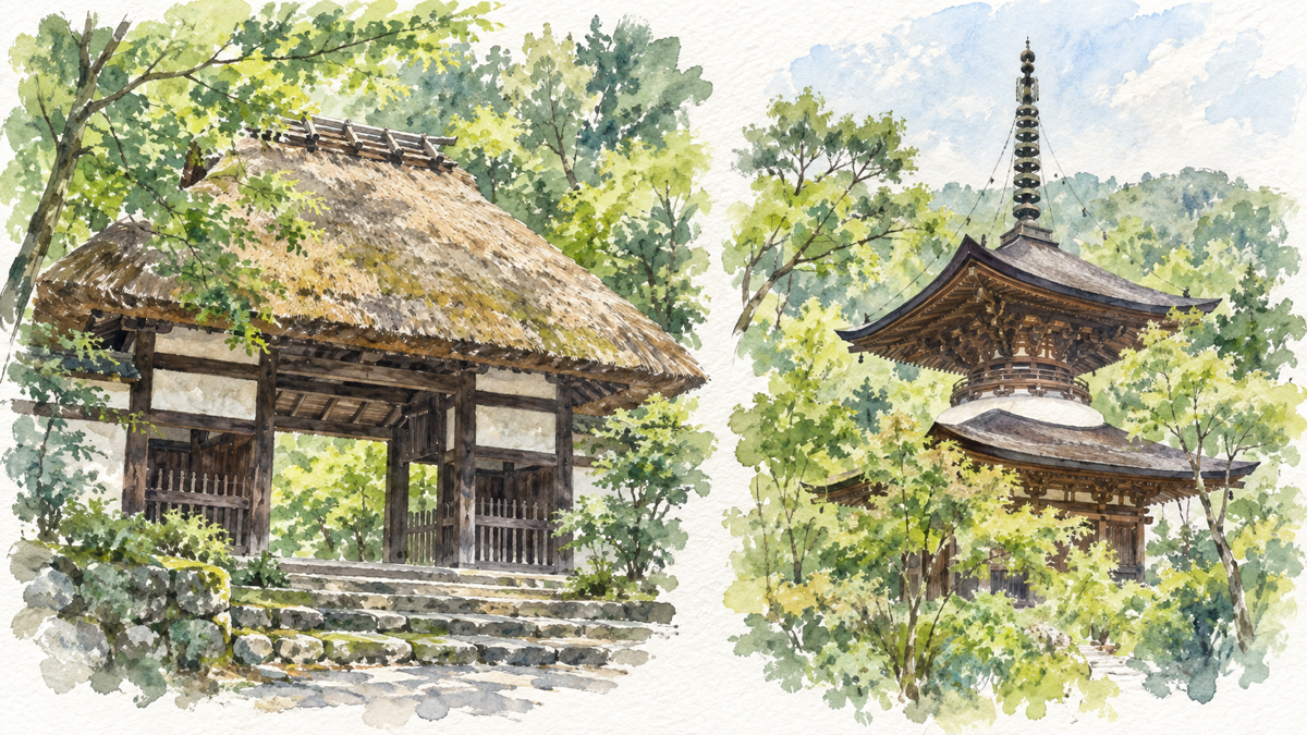 常寂光寺の茅葺の仁王門と相輪を持つ多宝塔の特徴を並べたイラスト