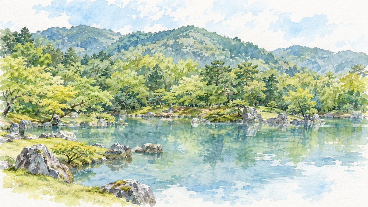 池と岩組、緑の植栽と背後の山を描いた曹源池庭園のイラスト