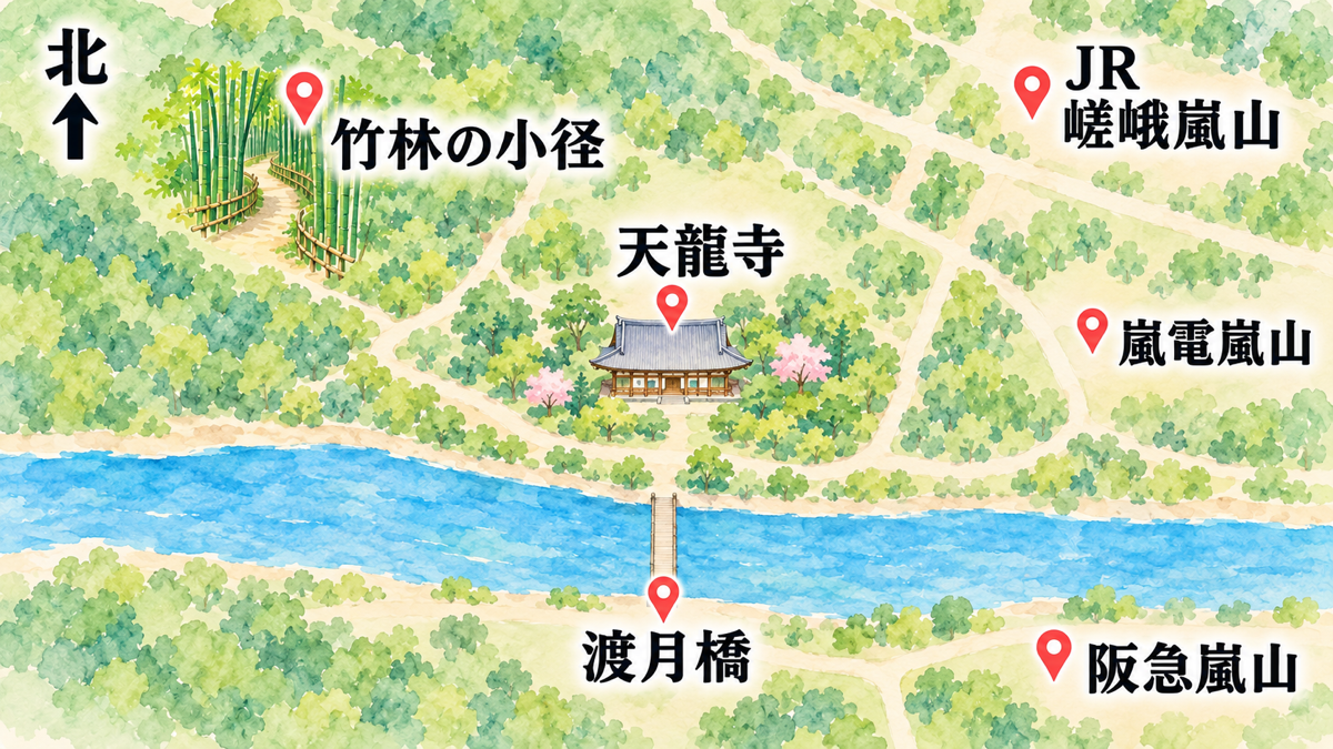 天龍寺、竹林の小径、渡月橋とJR・嵐電・阪急の3駅の相対位置を示す北上の簡略マップ