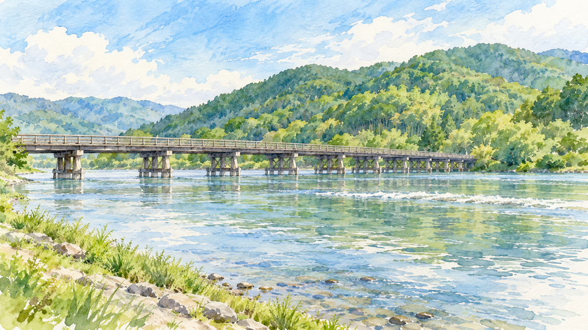 桂川の水面と低い渡月橋、背景の緑の山並みを描いたイラスト