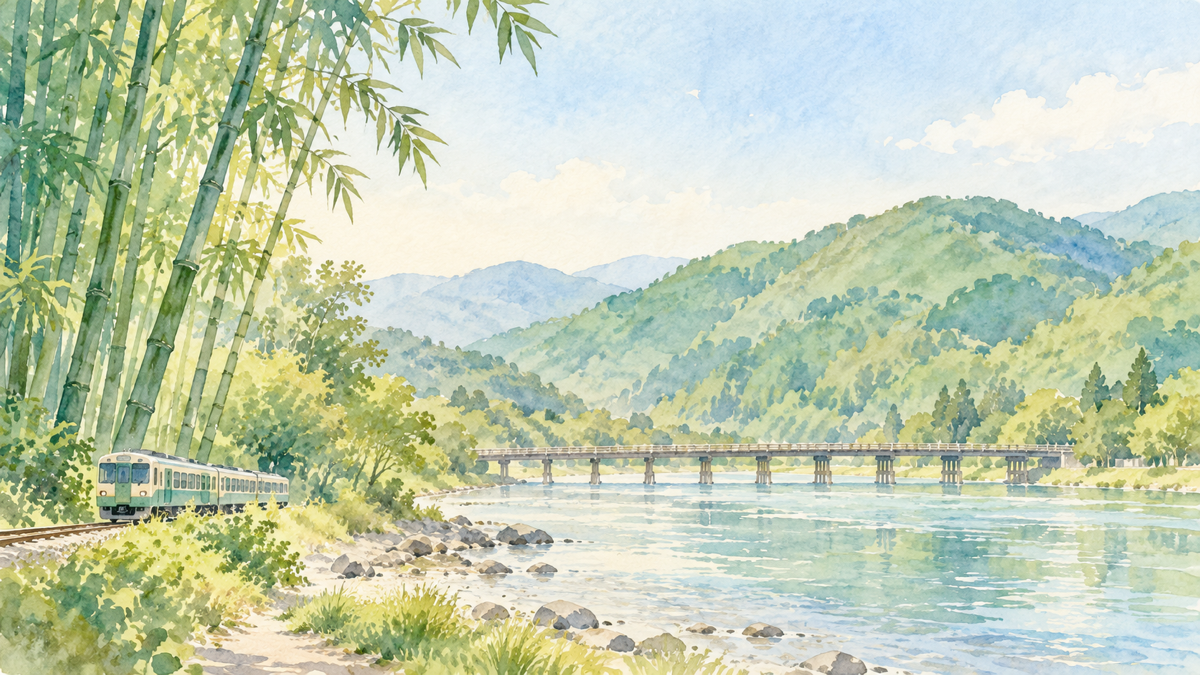 電車と青竹、川に架かる低い橋と山並みを組み合わせた嵐山日帰り旅のイラスト
