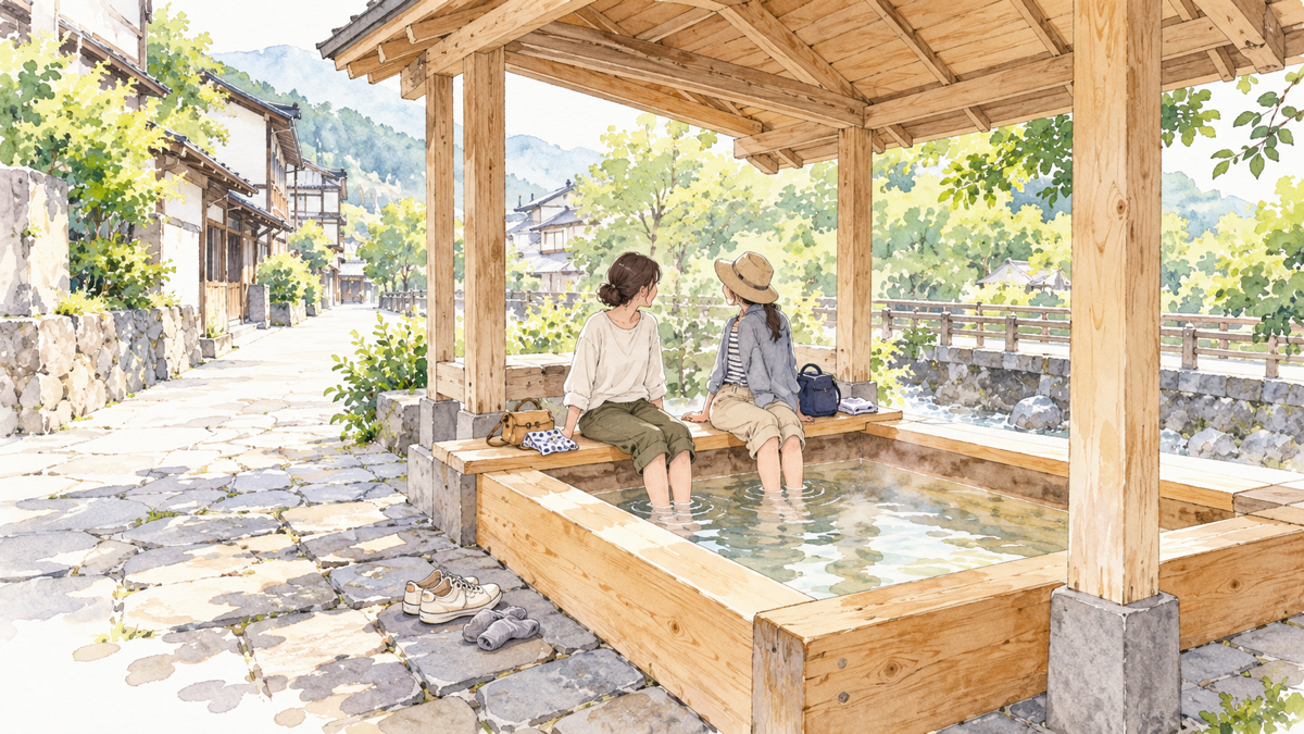 小さなタオルを用意して屋根付きの木の足湯で休む旅行者のイラスト