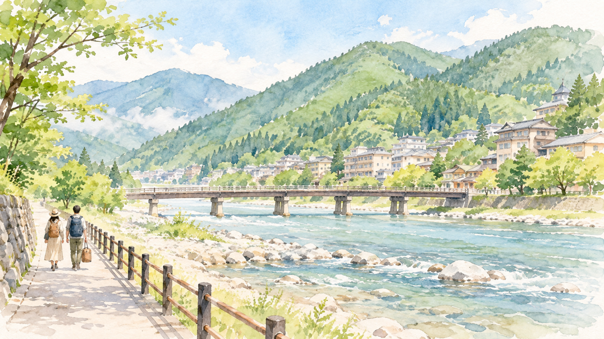 山間の川と橋の先の温泉街へ歩く旅行者のイラスト