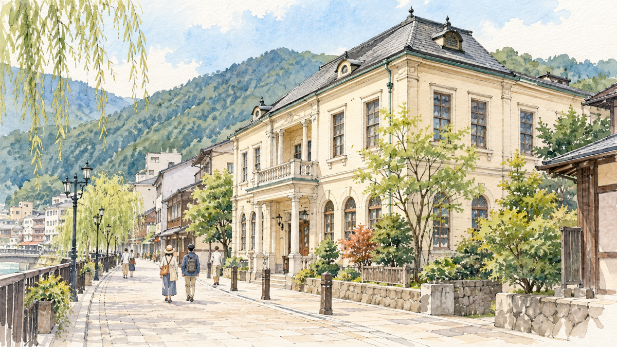 淡い壁と暗い屋根を持つレトロな洋館と温泉街の情景イラスト