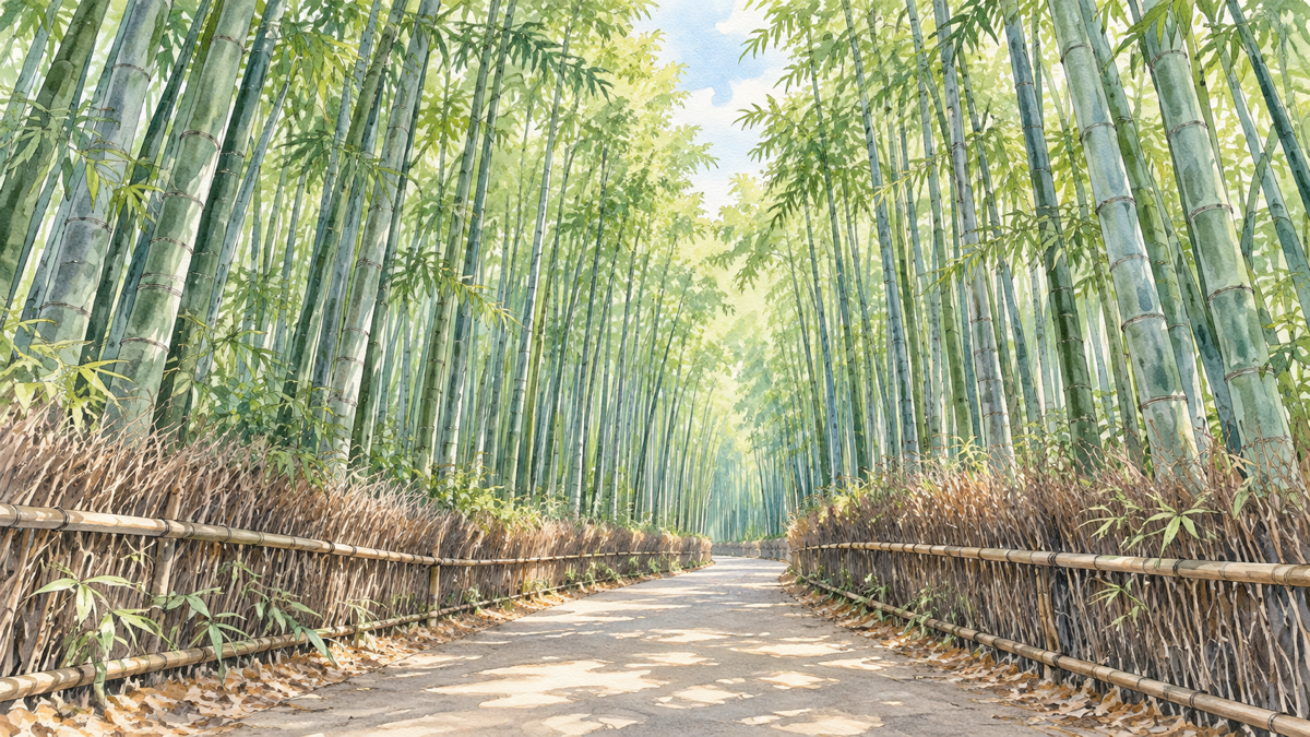 高い青竹に囲まれ木漏れ日が差し込む嵐山の竹林小径のイラスト