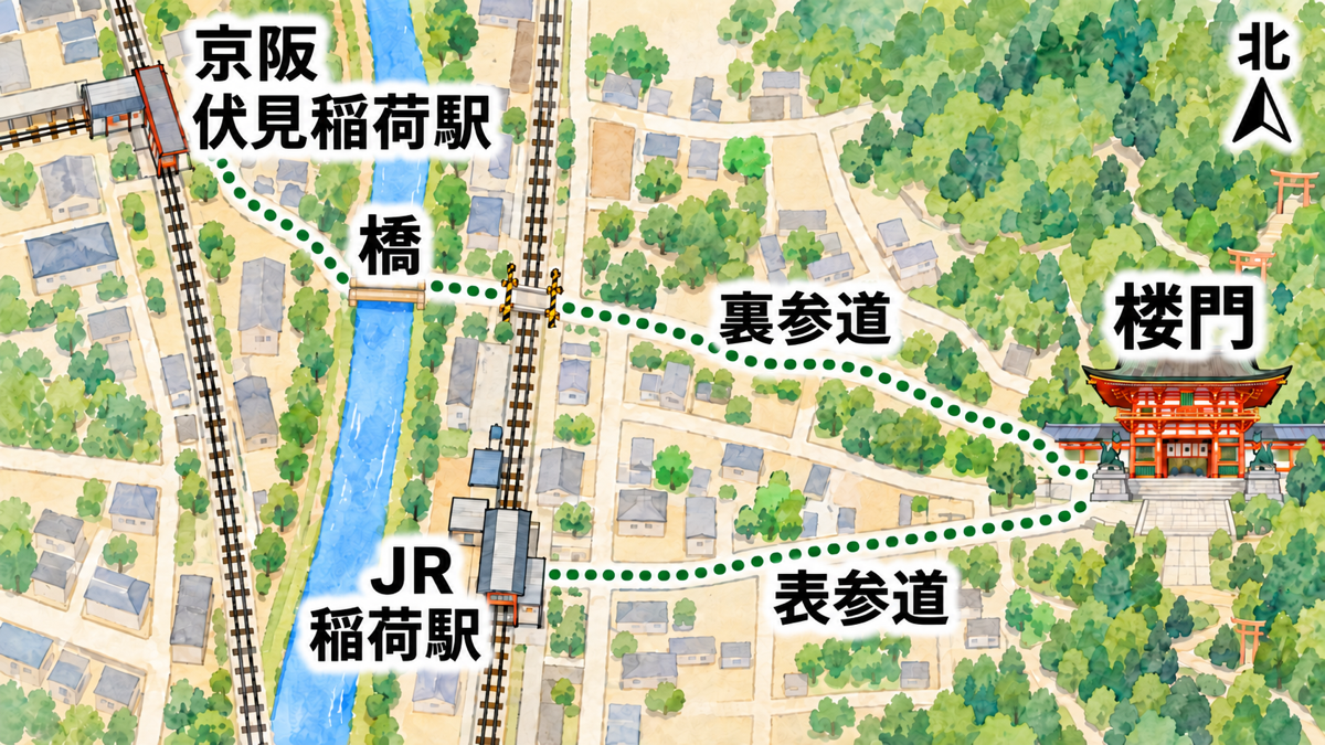 京阪伏見稲荷駅、JR稲荷駅、楼門と、橋・JR踏切を渡る徒歩経路の位置関係