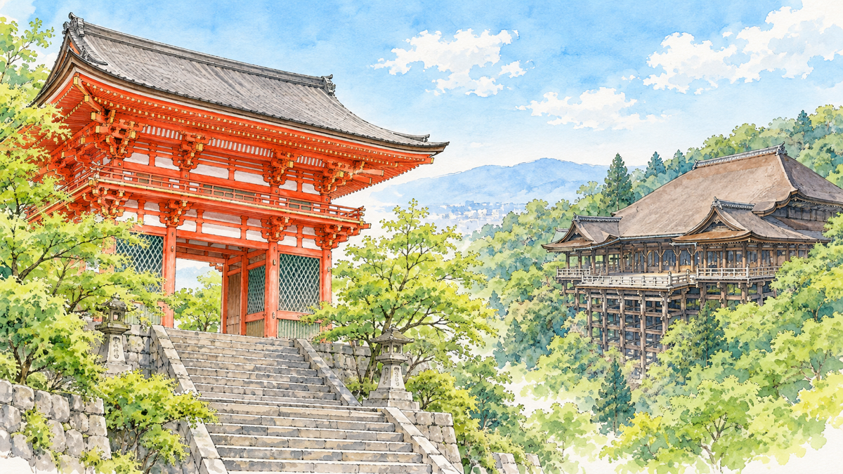 清水寺の朱色の仁王門と森の斜面に建つ木造舞台の編集イラスト