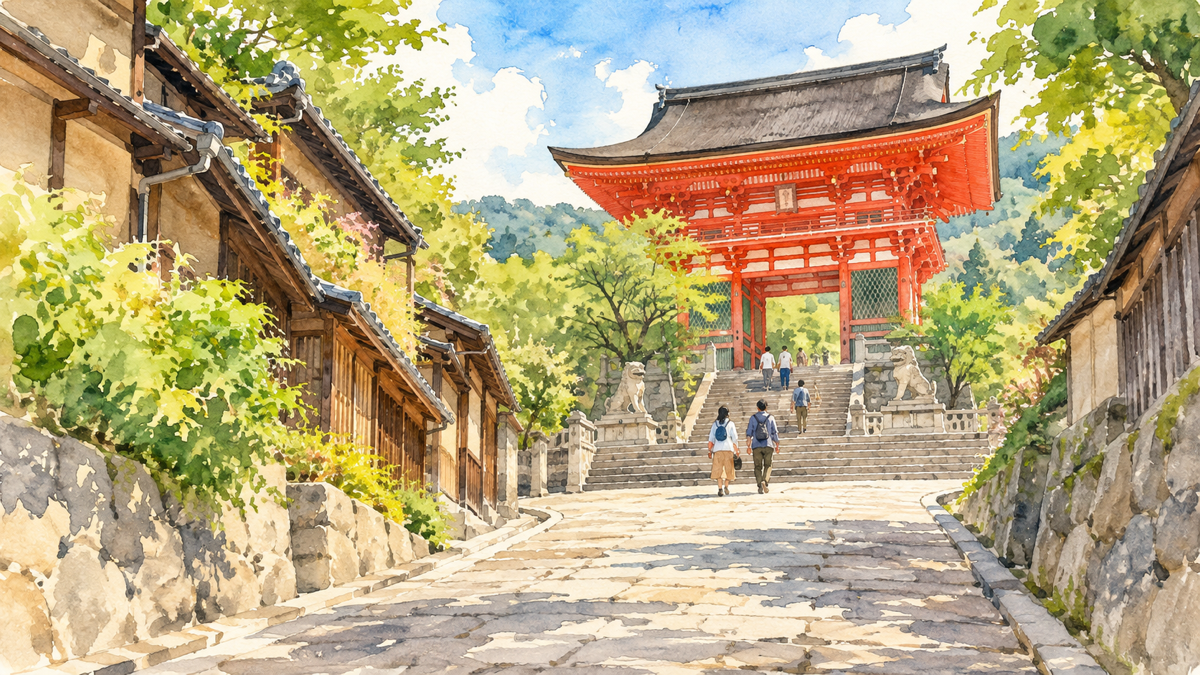 坂道を歩いた先に朱色の仁王門と石段が見えてくるイラスト