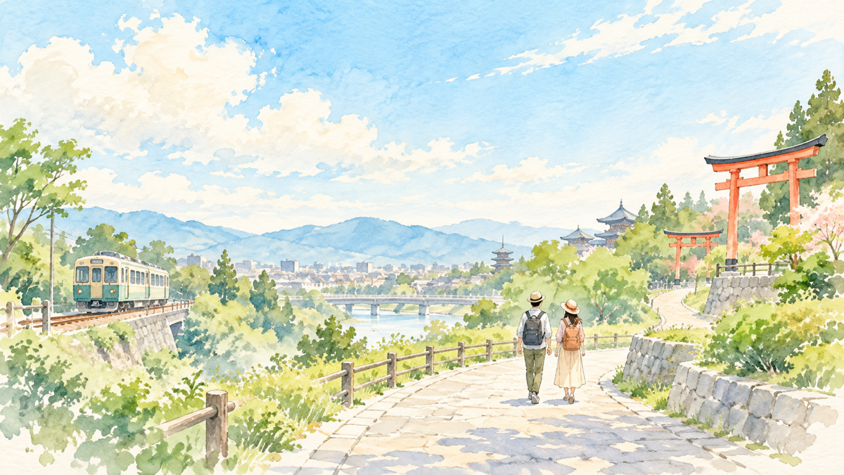 電車から徒歩へ移り、京都の朱色の鳥居へ向かう旅人のイラスト