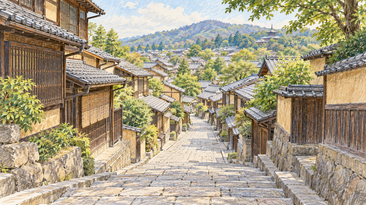石畳の坂道に木格子と瓦屋根の町家が連なる京都東山のイラスト