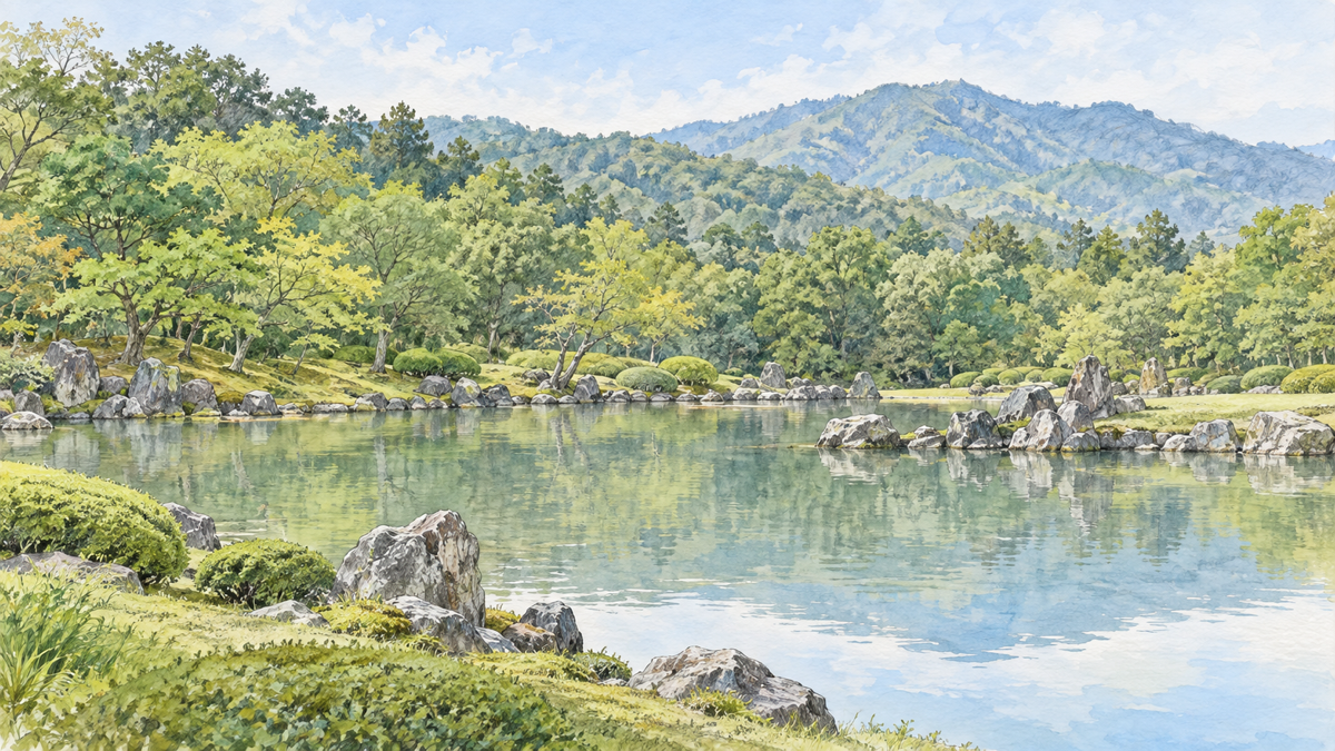 天龍寺曹源池庭園の池と石組み、借景の山を描いたイラスト