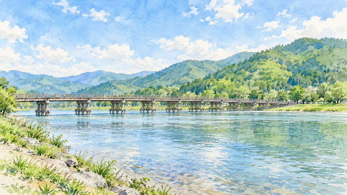 桂川の渡月橋と背景の嵐山の山並みを描いたイラスト