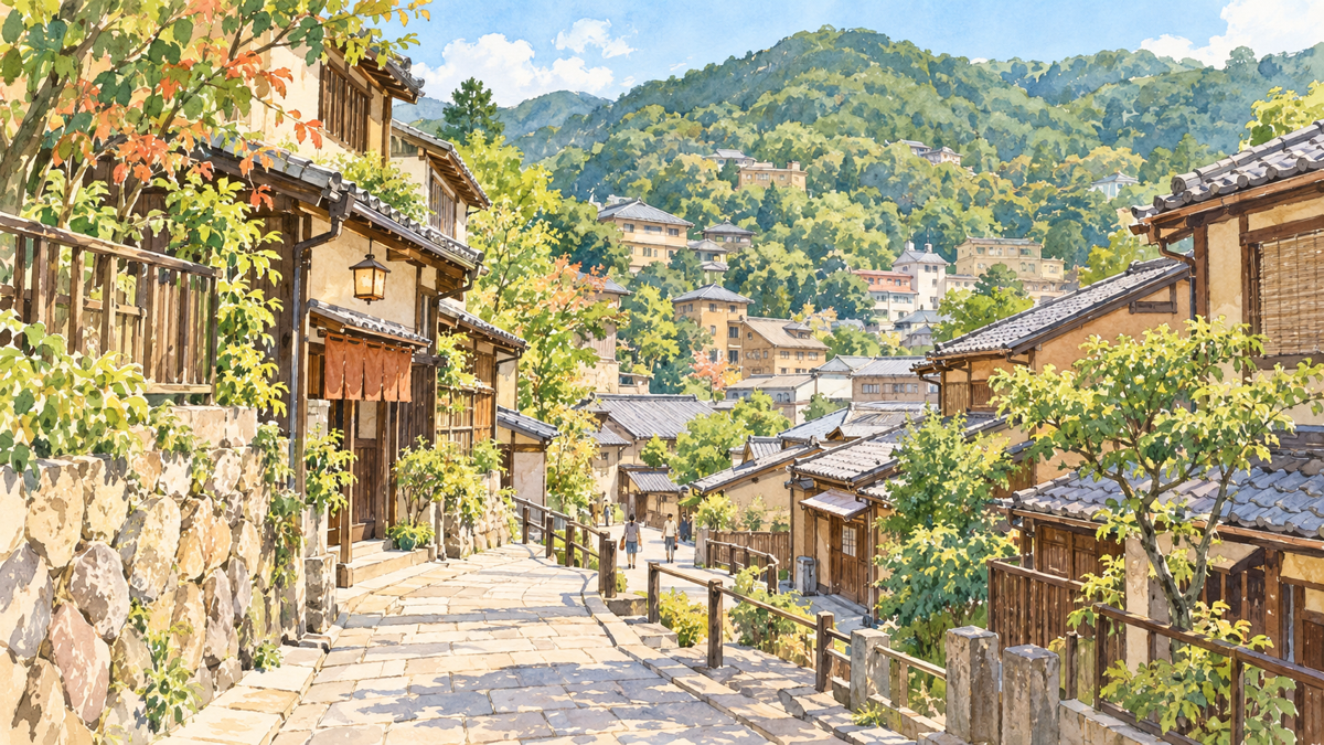 山あいの坂道に小さな湯屋や店が並ぶ温泉街
