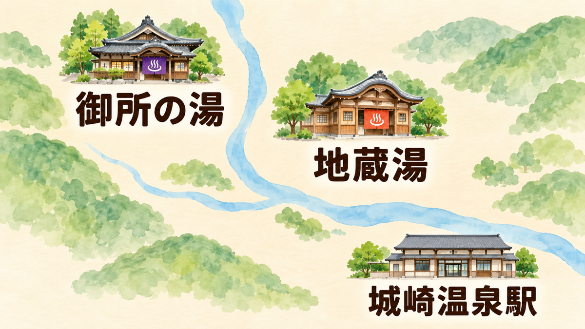 城崎温泉駅・御所の湯・地蔵湯の相対位置を示す簡略図
