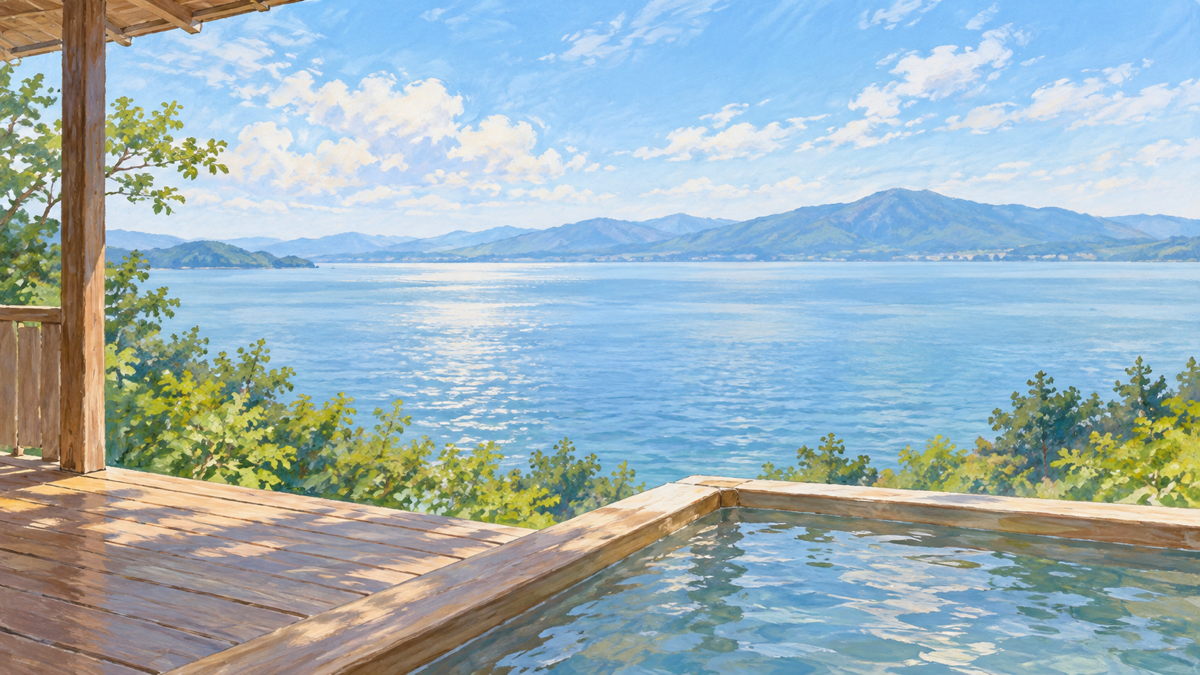 木のテラスと小さな湯船越しに穏やかな湖を眺める情景