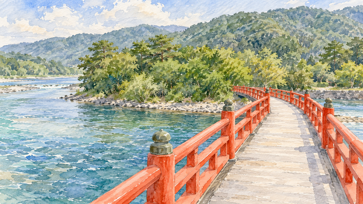 宇治川の島から朱色の朝霧橋と緑の東岸を望む水彩イラスト