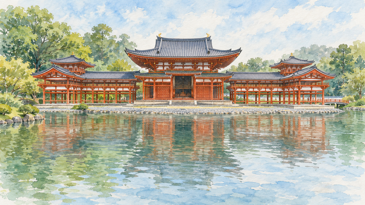 平等院鳳凰堂の横に広がる翼廊と阿字池を描いた水彩イラスト